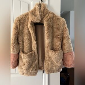 Zara Kids Tan Teddy Jacket with Pink Sleeves